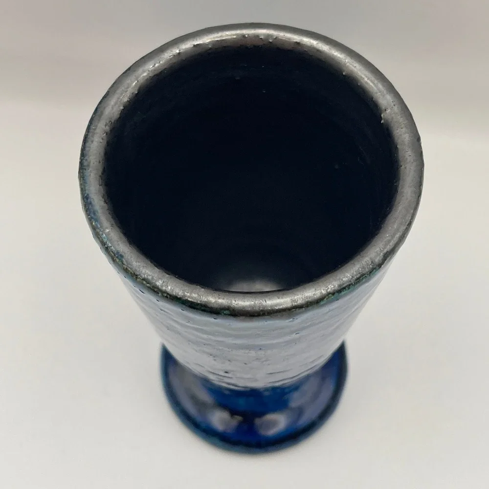 Pol Chambost France Studio Pottery Blue Glazed Tapered Footed Vase MCM 6.25in